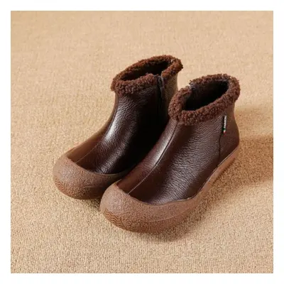 (brown, 38) Johnature Genuine Leather Warm Cotton Boots Round Toe Soft Soled Women&apos;s Short 