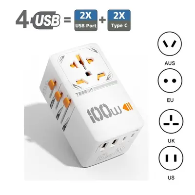 (white, USB-A & USB-C-100W) Tessan 35w/65w/100w Gan Universal Travel Adapter All-in-one Travel C