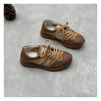 (khaki, 36) Johnature Retro Handmade Genuine Leather Sneakers Mixed Colors Sports Lace Up Soft C