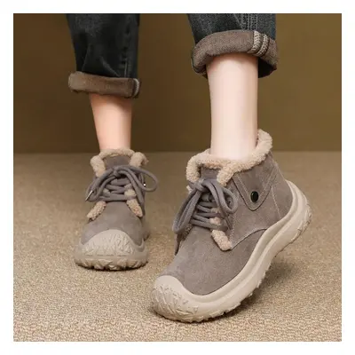 (gray, 38) Johnature Anti Slip Round Toe Casual Versatile Short Boots Warm Plush Nubuck Women&ap