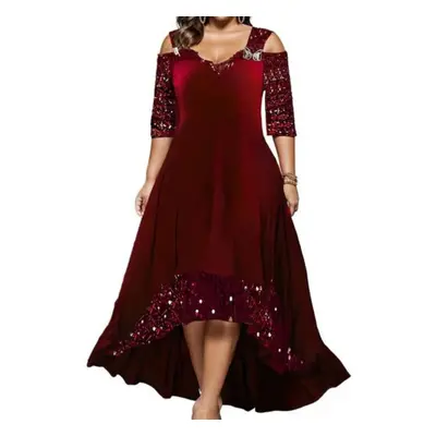 (red, 3XL) Prom Party Dress Sequin V Neck Half Sleeves Off Shoulder Solid Color A-line Irregular