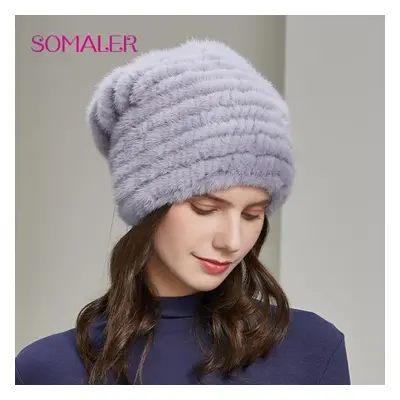 (light purple) Somaler Winter Mink Fur Hats For Women Warm Loose Casual Girls Slouchy Beanie For