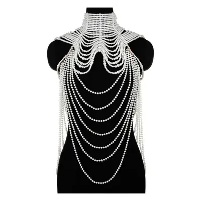 (white) Women Layered Faux Pearl Bib Necklace Collar Beads Tassel Jewelry Shoulder Chain