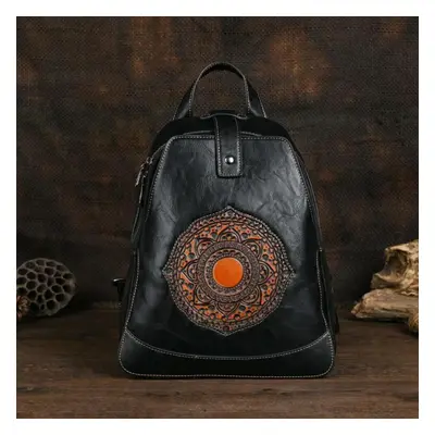 (black) Johnature Vintage Totem Embossed Backpack Versatile Women Leather Bag Solid Color Large 