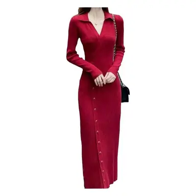 (red, One Size) French Vintage Polo Knitted Sweater Dress Women Autumn/winter Solid Long Sleeve 