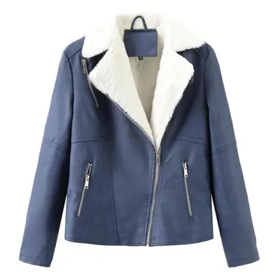 (sapphire blue, 2XL) Women's Jackets Faux Leather Cropped Lapel Collar Flannel Lined Warm Short 