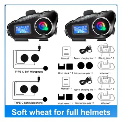 (2Pcs Soft Mic) Motorcycle Intercom Helmet Headset Bt5.3 500m Intercomunicador Moto Fm Radio Mus