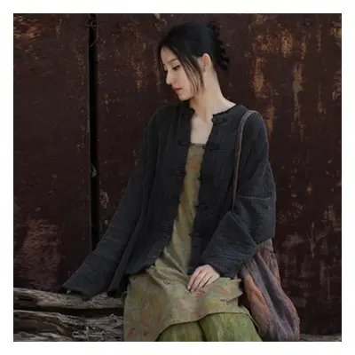 (black, One Size) Johnature Women Chinese Style Shirts Solid Color Long Sleeve Button Loose Autu