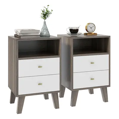 HOMCOM Bedside Tables Set of 2, Modern Nightstand with Drawers and Open Cubby