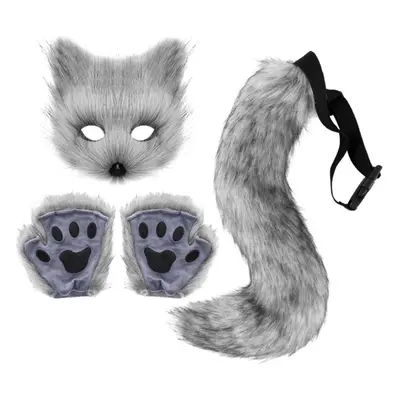 (silver) Furry Fox Mask Wolf Fox Tail And Paw Gloves Set Adult Cat Halloween Mask Cosplay Animal