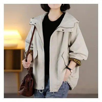 (beige, M) Comfortable And Chic Women&apos;s Hooded Windbreaker Loose Fit Casual Outerwear