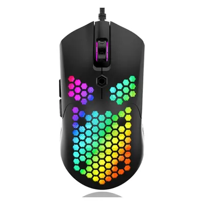 (Black) Wired Game Mouse Breathing RGB Colorful Hollow Honeycomb Shape 12000DPI Gaming Mouse USB