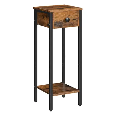 (Rustic Brown Black) Slim nightstand with drawers, small side table with metal frame, tall telep