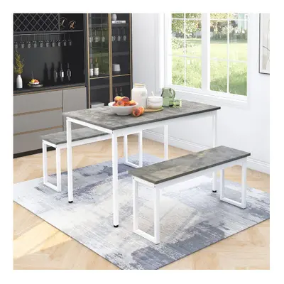 (Grey) 3-Piece Dining Table and Bench Set 4-Person Dinette