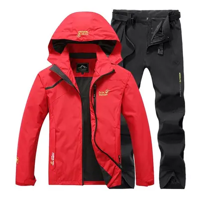 (Red, 4XL) Men Fishing Suit Set Hooded Jacket And Pants Outdoor Hiking Camping Sports Suit