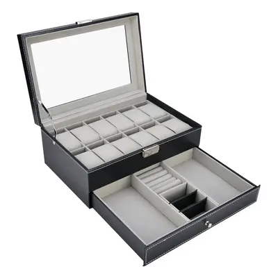 12 Grid Jewelry Watch Box Mens Jewelry Display Drawer Tray Glass PU