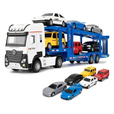 (blue,white, 1/32-Size:36*8*6cm) 1/32 Truck Toy Carrier Truck With Sounds And Lights, Pull Back 