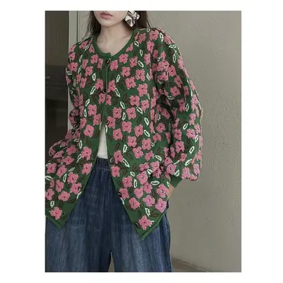 (One Size, green) Dimanaf Winter Sweaters Jacket Plus Size Autumn Women Floral Knitting Fashion 