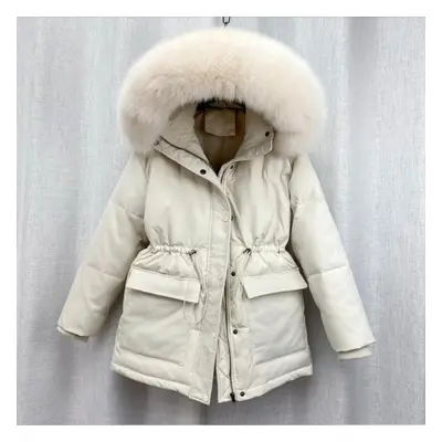 (beige, XXL) Autumn Coats Cotton Padded Fur Parka New Big Fur Collar Down Winter Jacket Women Th