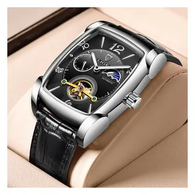 (silver,black) Lige Original Men Watch Fashion Casual Leather Strap Automatic Mechanical Watch L