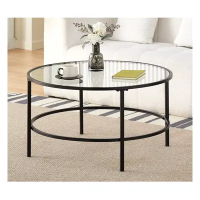 (Black) Metal Circular Coffee Table With Glass Tempered Table Top In Black Or Gold