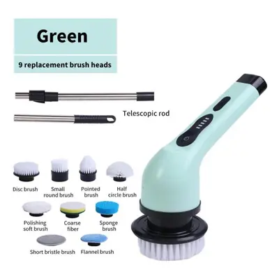 (green) 9-in-1 Electric Cleaning Brush Multifunctional Kitchen Bathroom Cleaning Brush Rotary Wi