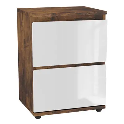 (Rustic Brown & White) High Gloss Drawer Skagen Wooden Bedside Cabinet No Handle Drawer Storage