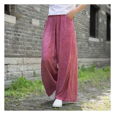 (pink, One Size) Johnature Spring Autumn Full Length Retro Pants Elastic Waist Tie Dye Wide Leg 