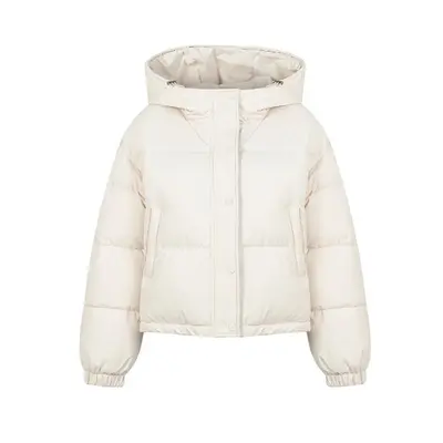 (beige, L) Women Autumn Winter Soild Color Thicken Outwear Cotton Padded Hooded Warm Jacket Coat