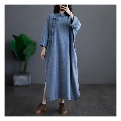 (blue, XL) Plus Size Spring Women Denim Dress Buttons Cotton Chinese Style Vintage Loose Oversiz