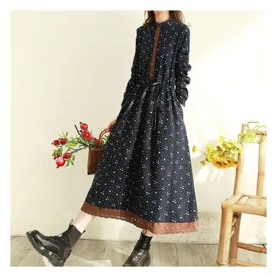 (navy blue, L) Cotton Linen Print Dress For Women Japanese Mori Girl Art Floral Dress Loose Long