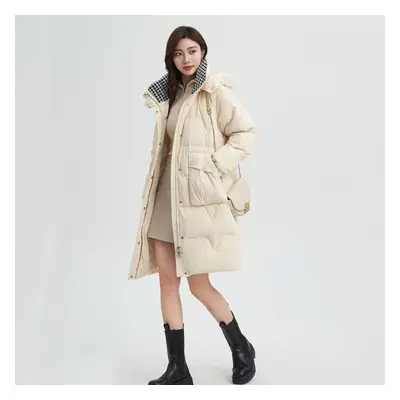 (beige, XL) Women&apos;s Loose Fit Hooded Cotton Coat With Thickened Long Length And Knee-length