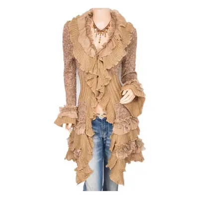 (dark khaki, One Size) Women&apos;s Fashion Cardigan Sweater Single-breasted Lace Trumpet Sleeve