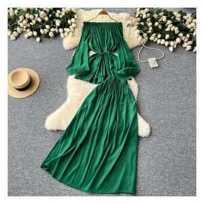 (dark green, One Size) Gentle Two Piece Sets Women Slash Neck Off Shoulder Lantern Long Sleeve S