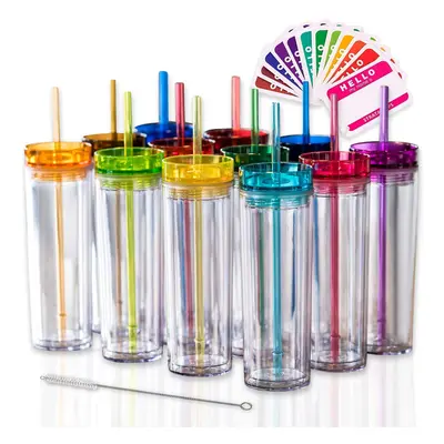 STRATA CUPS Colored Skinny Clear Tumbler with Lids and Straws 16oz Double Wall Clear Acrylic Tum