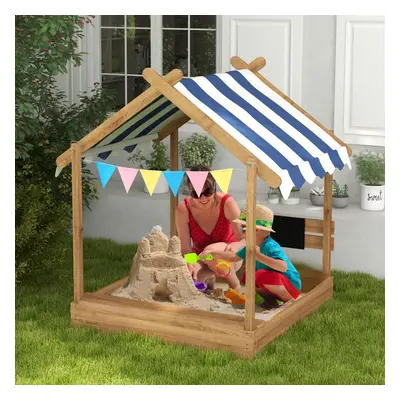 Outsunny Sand Pit with Canopy, Blackboard, Toys, Sink, Seats, Flags for Kids