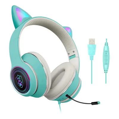 (Blue) Cat Ear Wired Headset USB 7.1 Channel Stereo Sound Head-mounted Luminous RGB Gaming Headp