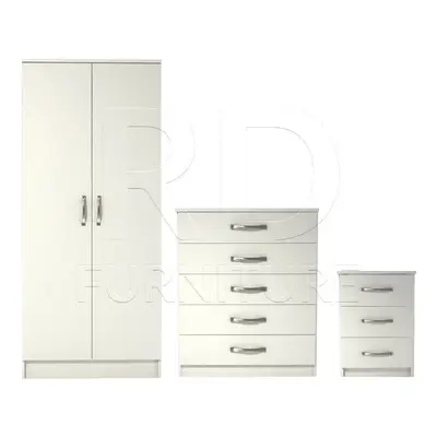 Ready assembled Pcs Classic Door Wardrobe, Chest And Bedside Set White