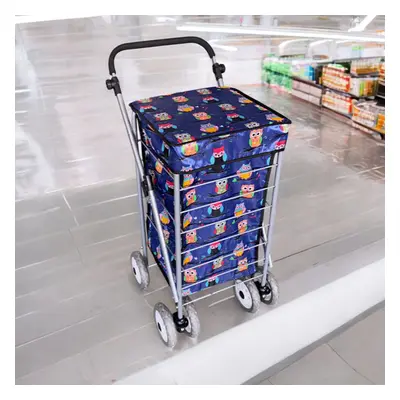 (Navy Owl Print) Wheel Foldable Shopping Trolley Cart Grocery Bag