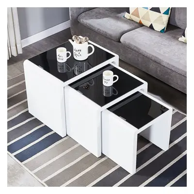 (3pcs Black) 3PCS Nested Coffee Table Set High gloss Sofa Side