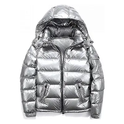 (L, Silver) Shiny Down Jacket Men"s Winter Jacket Stand-up Tie Hood Down Jacket