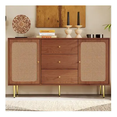 (with doors and drawers) Rattan Sideboard Cabinet for Living Roomï¼Walnut