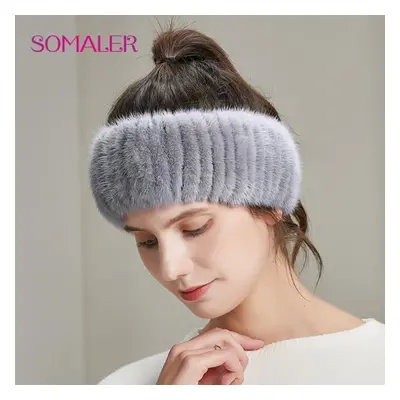 (grey) Somaler Winter Women&apos;s Mink Fur Headband Hand-sewn Fur Girl Headwear Fashion Female 