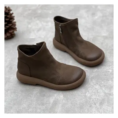 (gray, 38) Johnature Retro Handmade Genuine Leather Round Toe Short Boots Casual Solid Color Sof