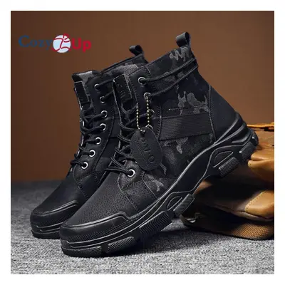 (black, 44) Men&apos;s Military Tactical Work Boots Leather Motorcycle Combat Boots