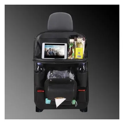 (black) Pu Leather Car Storage Bag Multifunction Seat Back Tray Hanging Bag Waterproof Car Organ