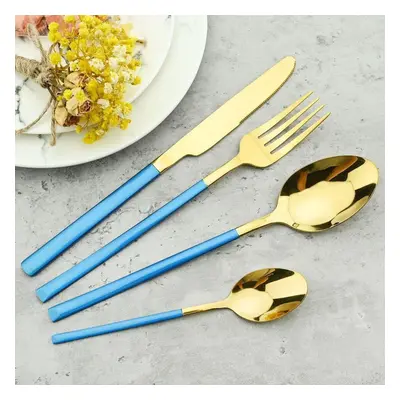 (blue,gold) 24pcs Black Gold Cutlery Set Stainless Steel Dinnerware Knives Fork Spoon Dinner Tab