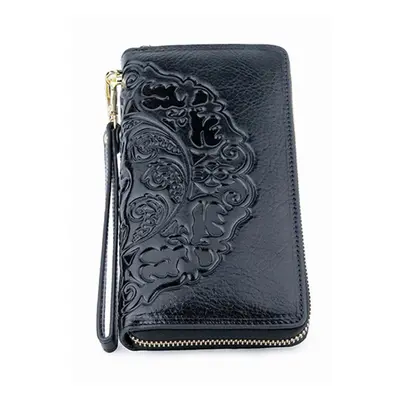 (black) Luxurious Women Wallet 100% Genuine Oil Waxing Leather Flower Large Capacity Long Ladies