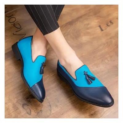 (blue, 48) Men&apos;s Belgian Loafers Blue Dress Shoes Stylish Formal Leather Prom Blazers Dance