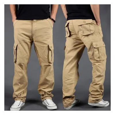 (khaki, S) Side Zipper Pockets Cargo Harem Joggers Pants Men Tactical Casual Harajuku Streetwear